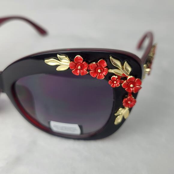 Statement Floral Embellished Cat-Eye Sunglasses Black Frame Red Gold Accents - Picture 3 of 10